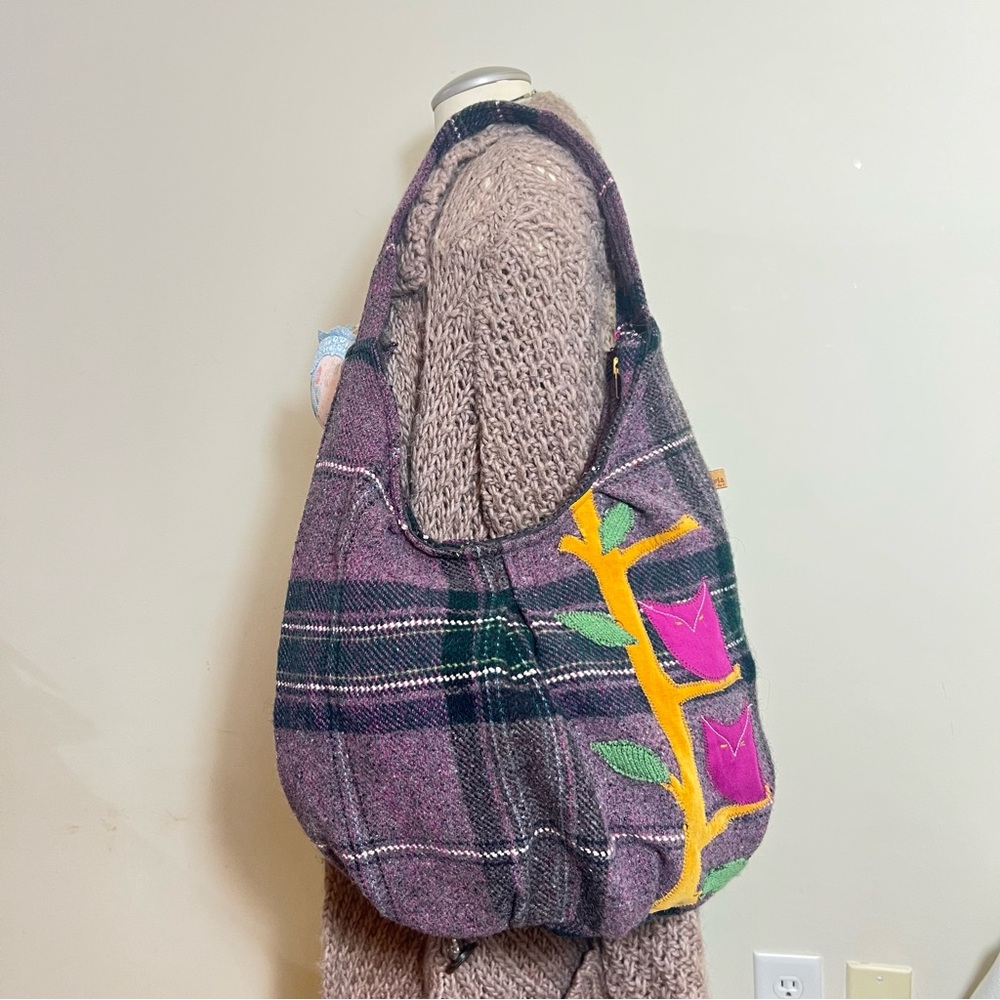 Batavia by sil vintage wool purple plaid with  owl patch design shoulder bag